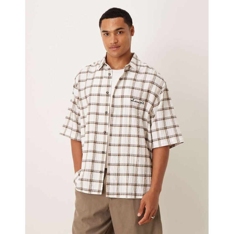 ASOS DESIGN oversized check shirt with chest embroidery in brown
