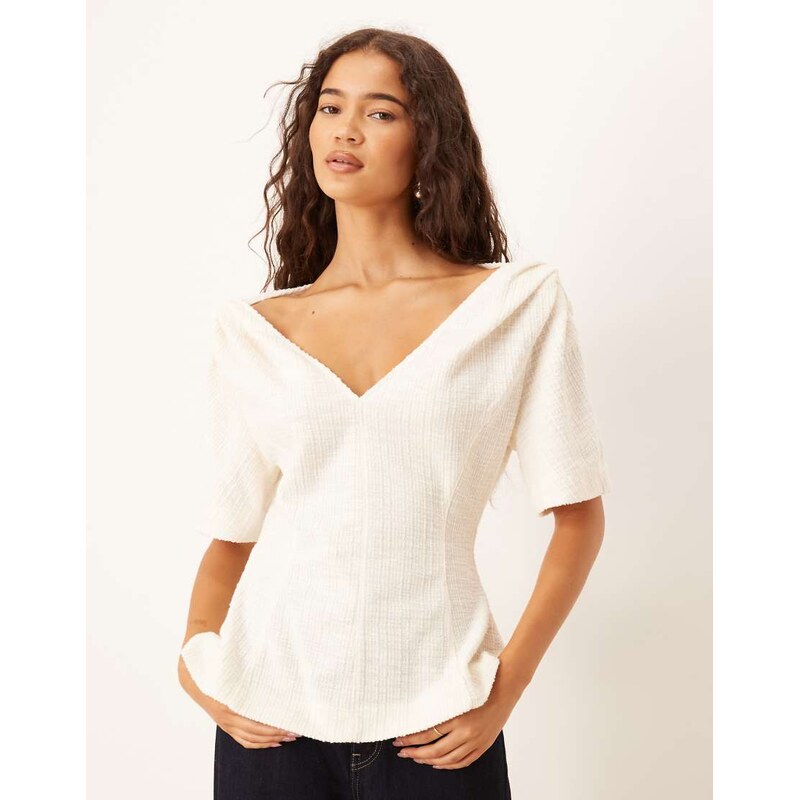 ASOS DESIGN v neck boucle twist shoulder detail tee in cream
