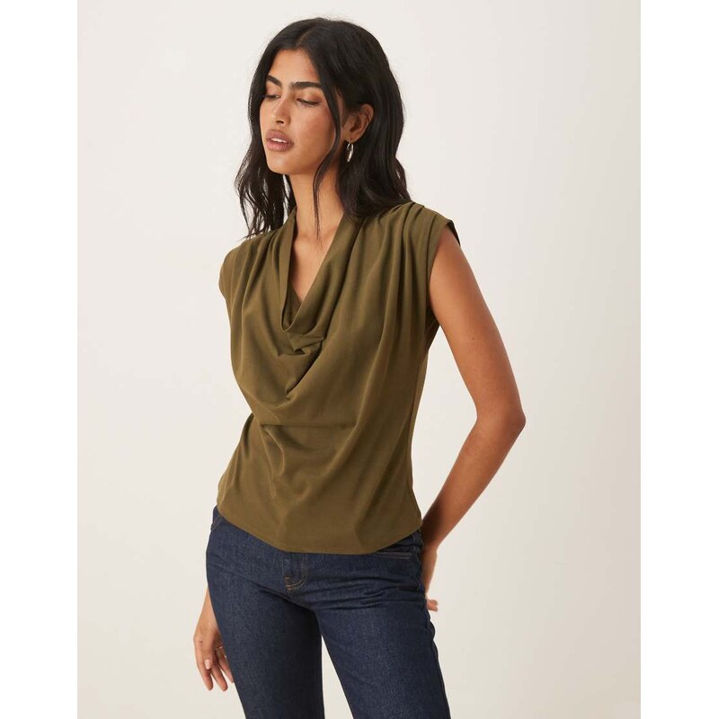 ASOS DESIGN cowl drape detail tee in olive-Green