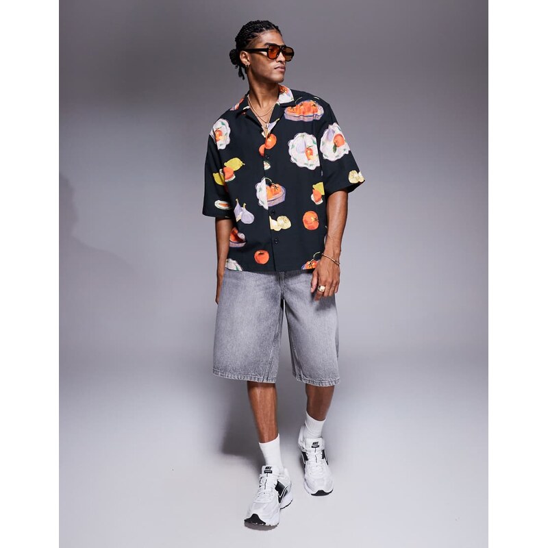 ASOS DESIGN boxy oversized revere printed shirt in black