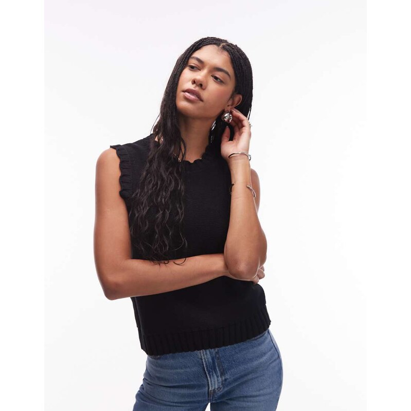 ARKET knitted tank vest with frill edge detail in black 113585132