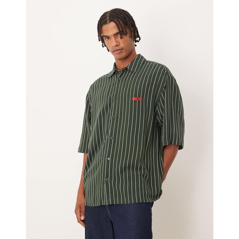 ASOS DESIGN oversized stripe shirt with chest embroidery in dark