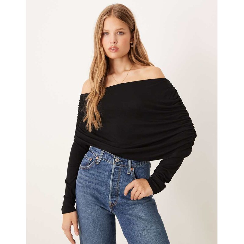 Gina Tricot long sleeve sloped drapey shoulder cape top in black