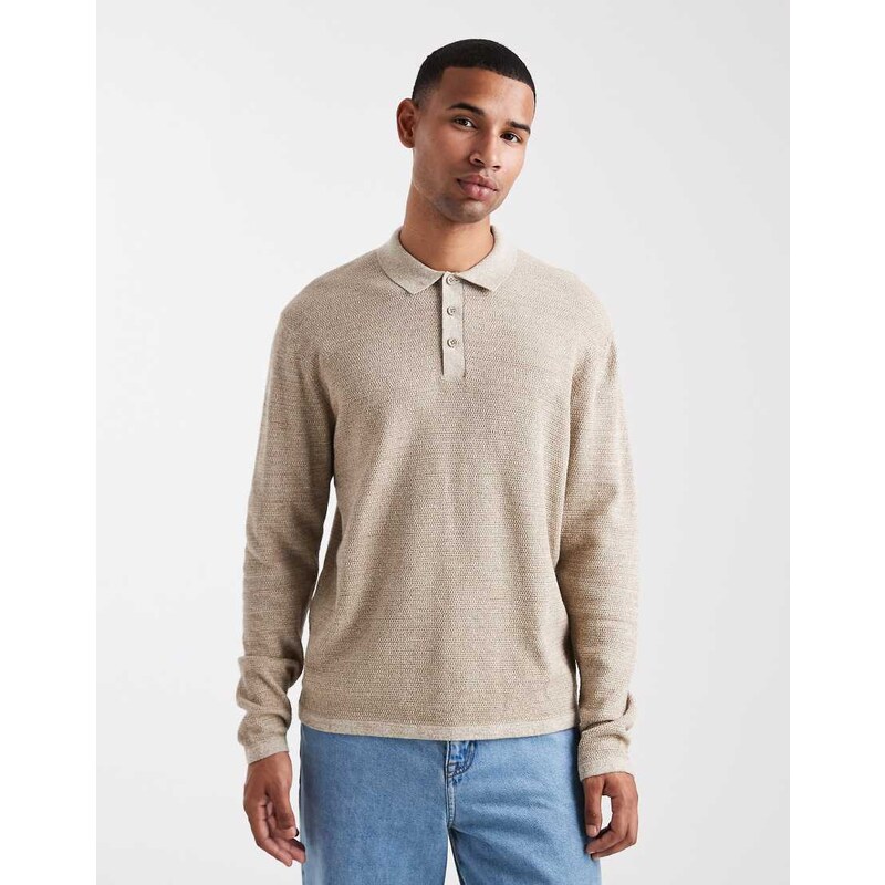 Jack & Jones knitted long sleeve polo in beige-Neutral