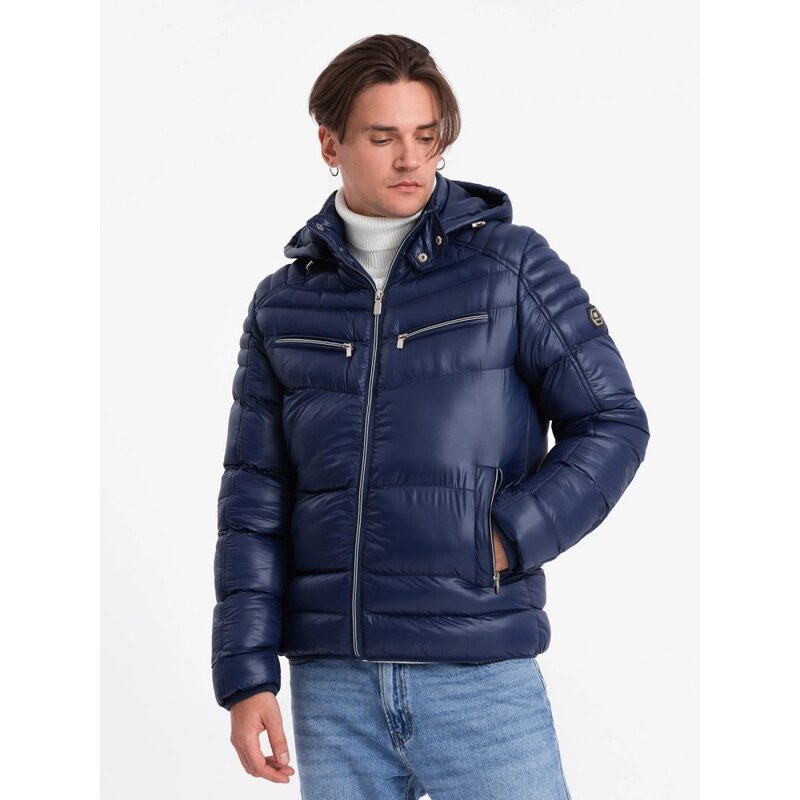 Ombre Clothing Prošívaná lesklá tmavě modrá bunda V2 JAHP-22FW
