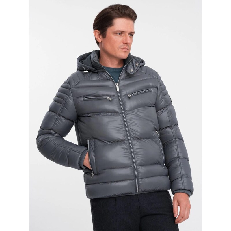 Ombre Clothing Prošívaná lesklá grafitová bunda V3 JAHP-22FW-010