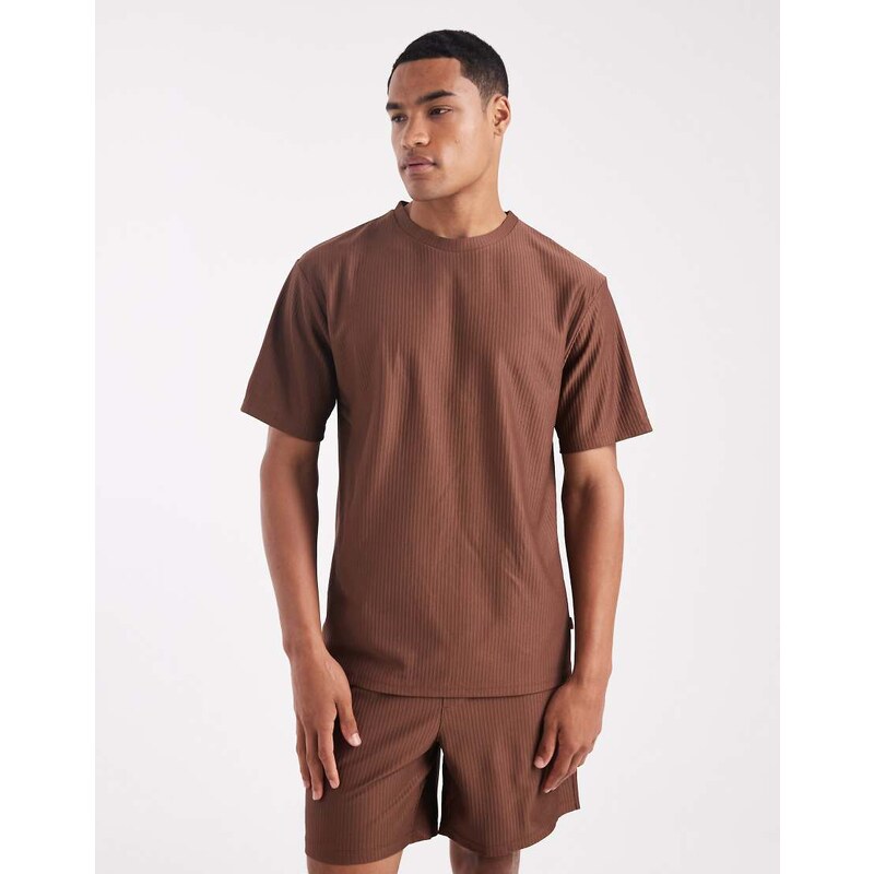 ONLY & SONS plisse oversized t-shirt co-ord in brown