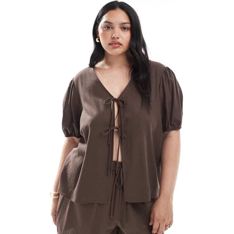 Pieces Plus Pieces Curve tie detail short sleeve top co-ord in 107765239