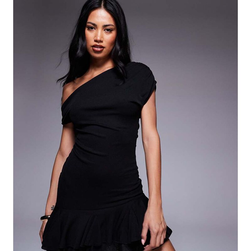 Kaiia exclusive textured mesh drape off shoulder rara hem mini