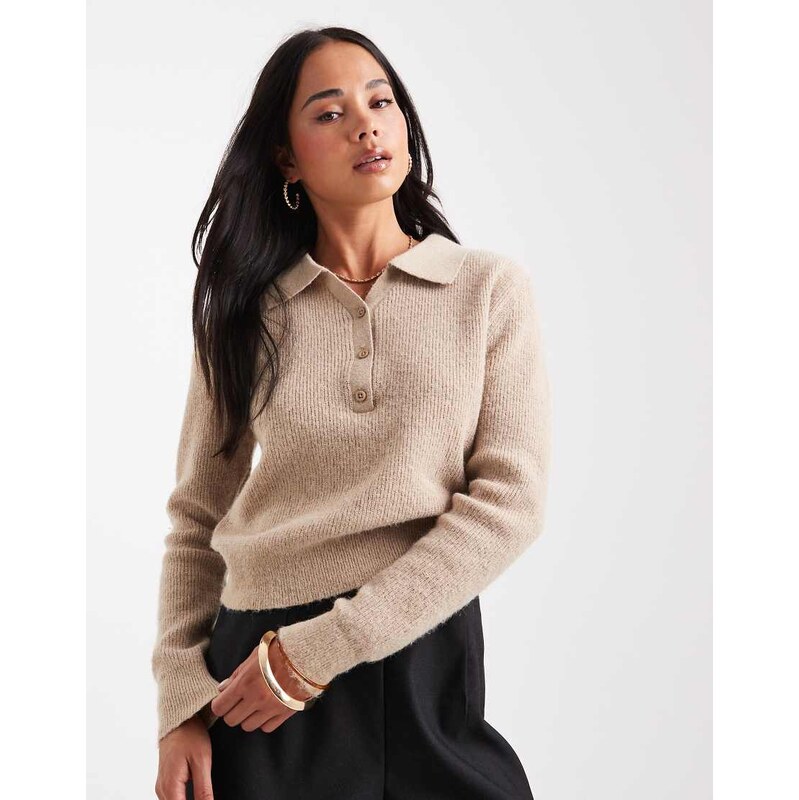 ASOS DESIGN knitted relaxed collar henley jumper in oatmeal-Neutral