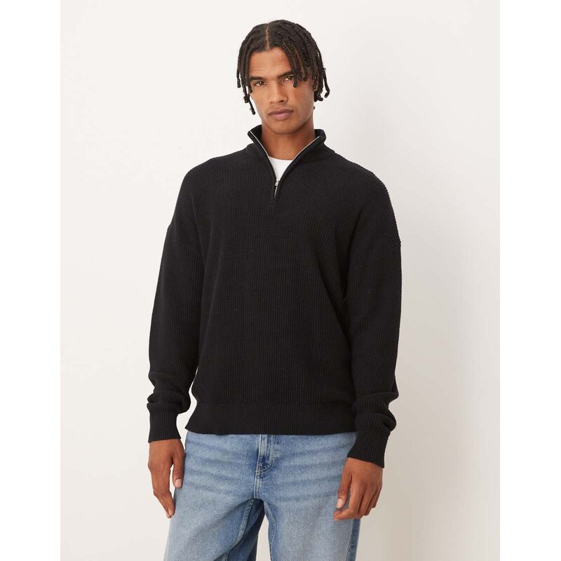 ASOS DESIGN relaxed knitted pique funnel neck jumper in black