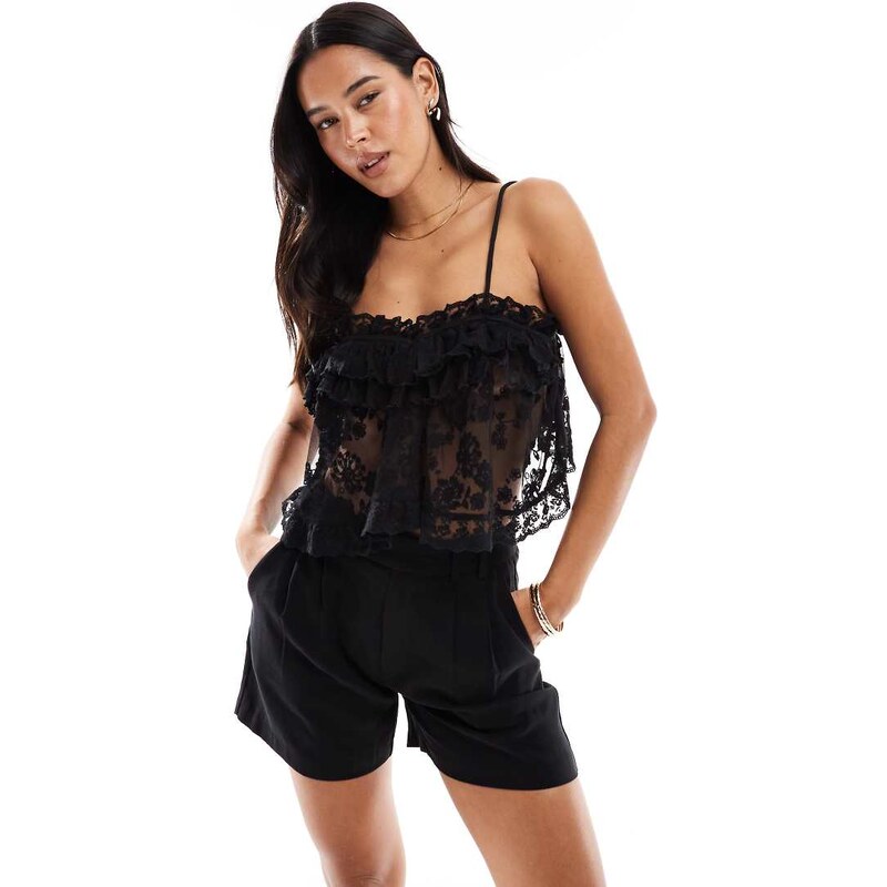 Miss Selfridge premium lace baby doll top in black 107765120