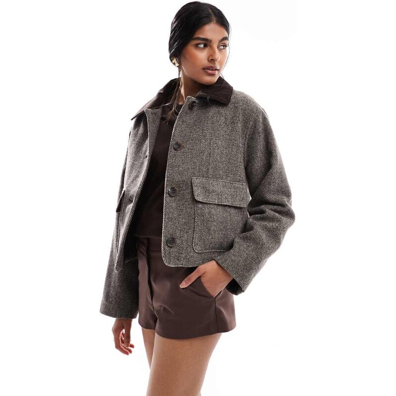 ASOS DESIGN wool blend top collar jacket in salt and pepper