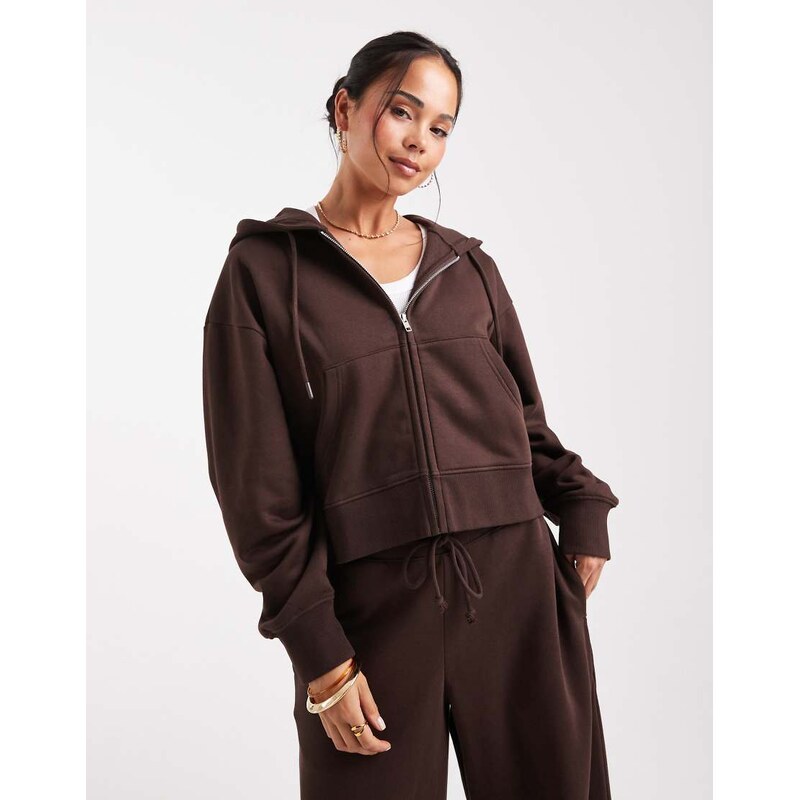 ASOS DESIGN cropped zip through brushback hoodie in chocolate