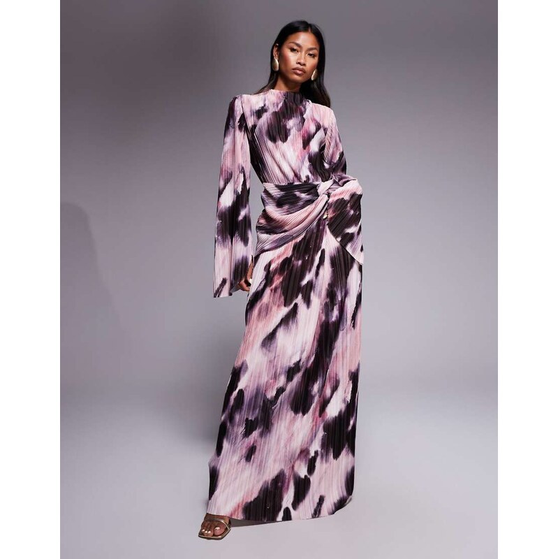 ASOS DESIGN plisse drape long sleeve maxi dress in pastel