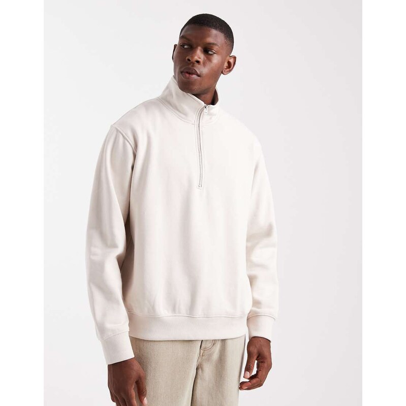 Jack & Jones oversized 1/4 zip sweatshirt in beige-Neutral