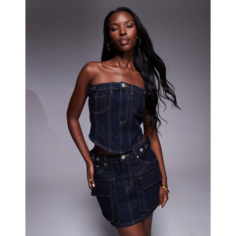 Liquor N Poker denim bandeau crop top in dark wash blue 107836352