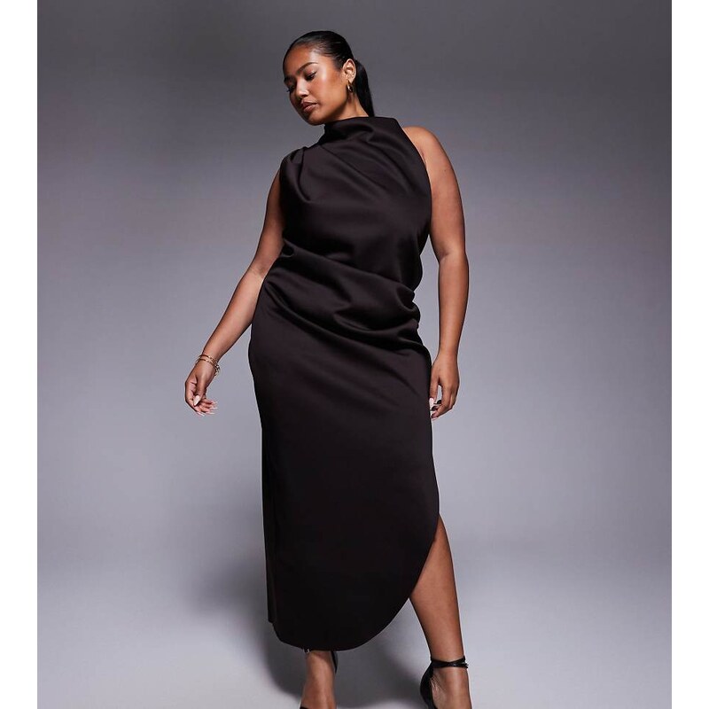 ASOS Curve ASOS DESIGN Curve one shoulder midi dress in chocolate in 108202551