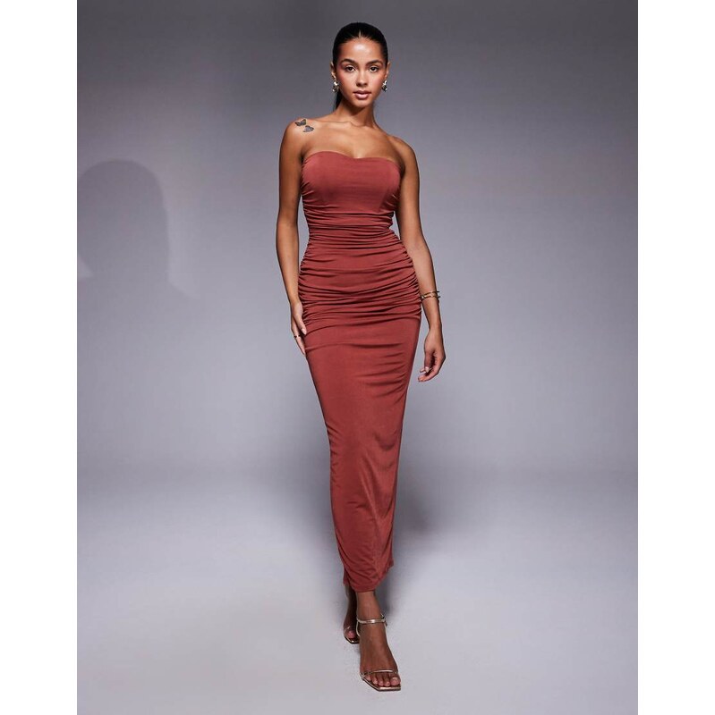 TFNC bandeau ruched midi dress in deep rust-Orange