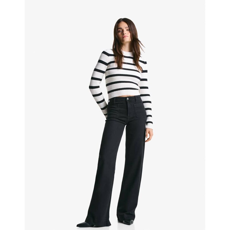 Bershka Seamless wide-leg jeans with pockets in black