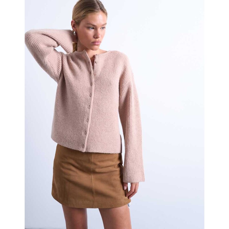Topshop knitted easy ribbed relaxed cardigan in oat-Neutral
