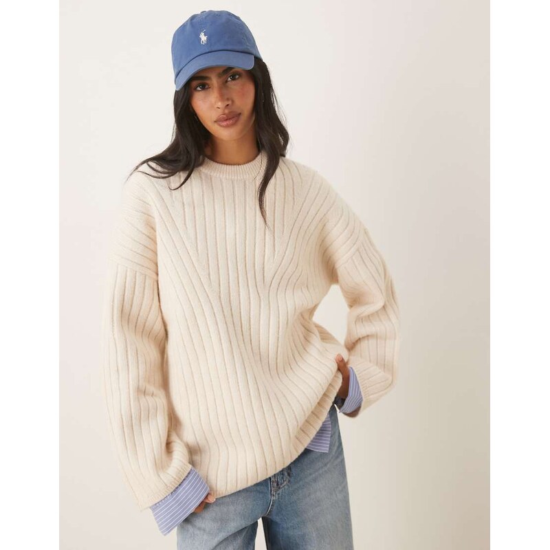 ASOS DESIGN longline crew neck jumper in rib in cream-White 107771088