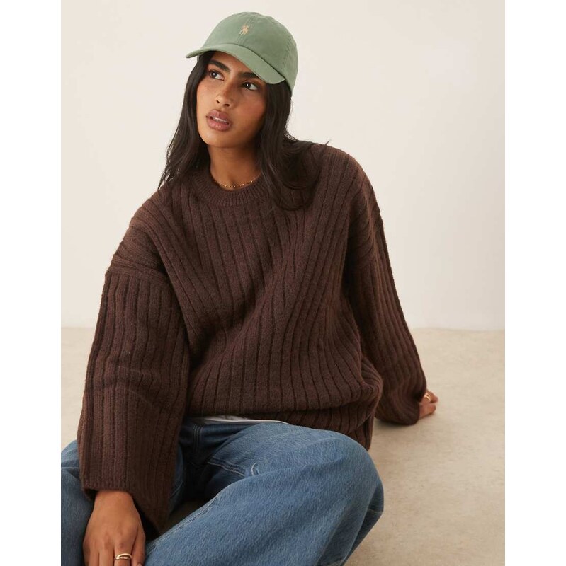 ASOS DESIGN longline crew neck jumper in rib in chocolate-Brown 107771090