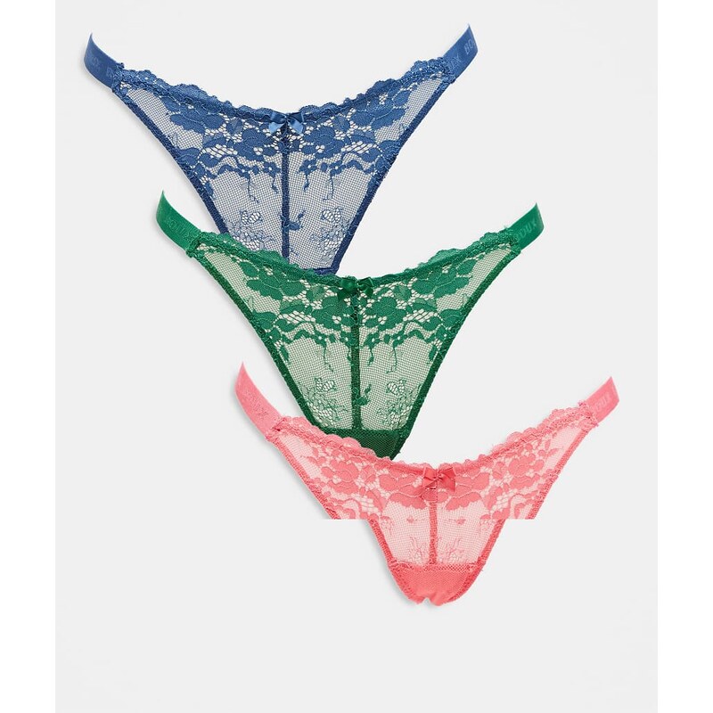 Boux Avenue 3-pack high leg lace thongs in green, blue and coral-Multi 107777367