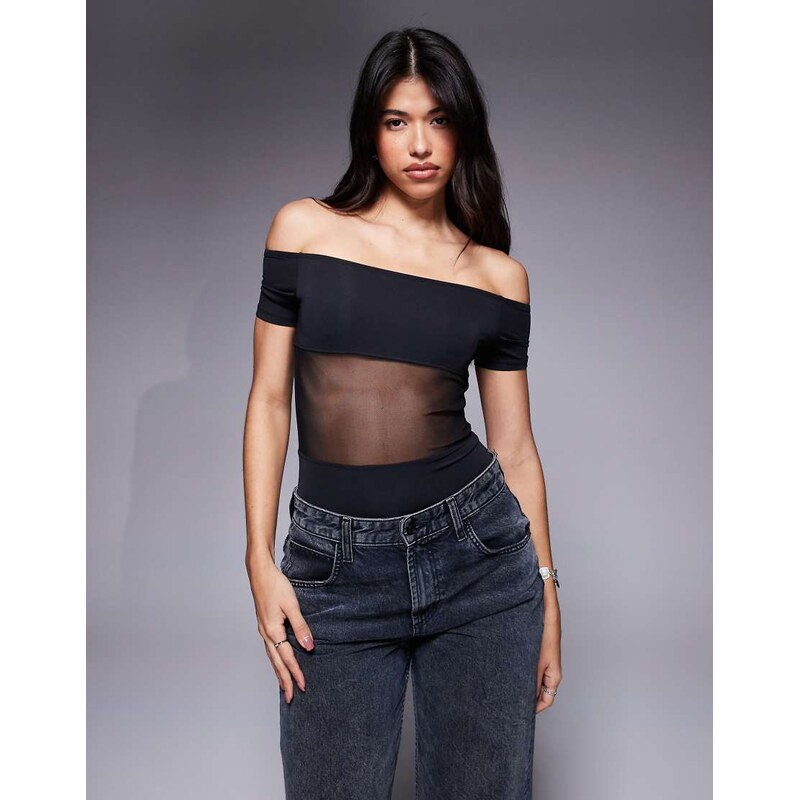 ASOS DESIGN bardot slinky mesh panel bodysuit in black