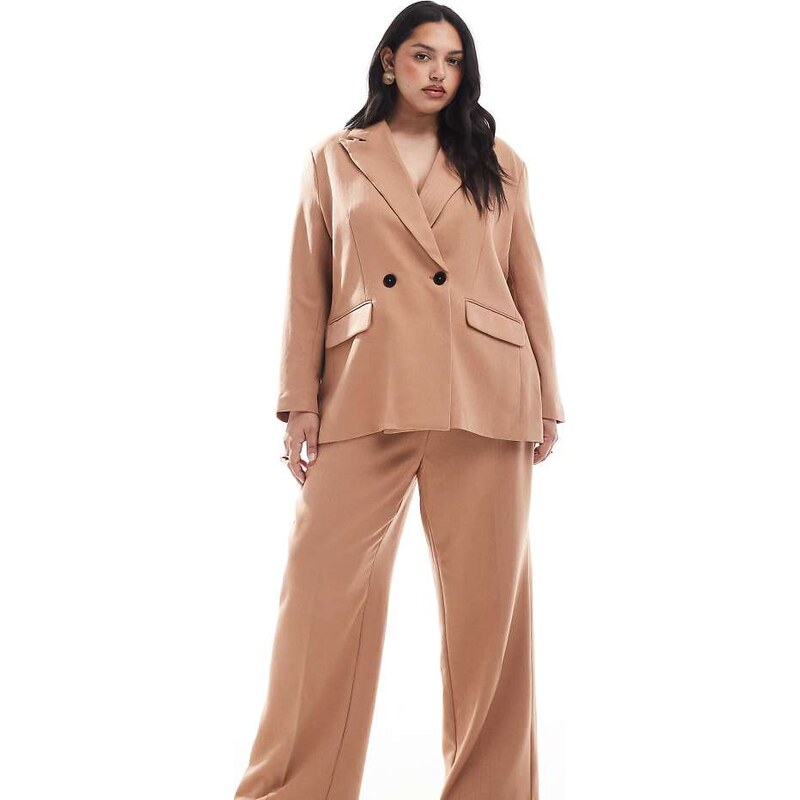 Vero Moda Curve tailored herringbone wide leg co-ord trousers in mocha-Brown