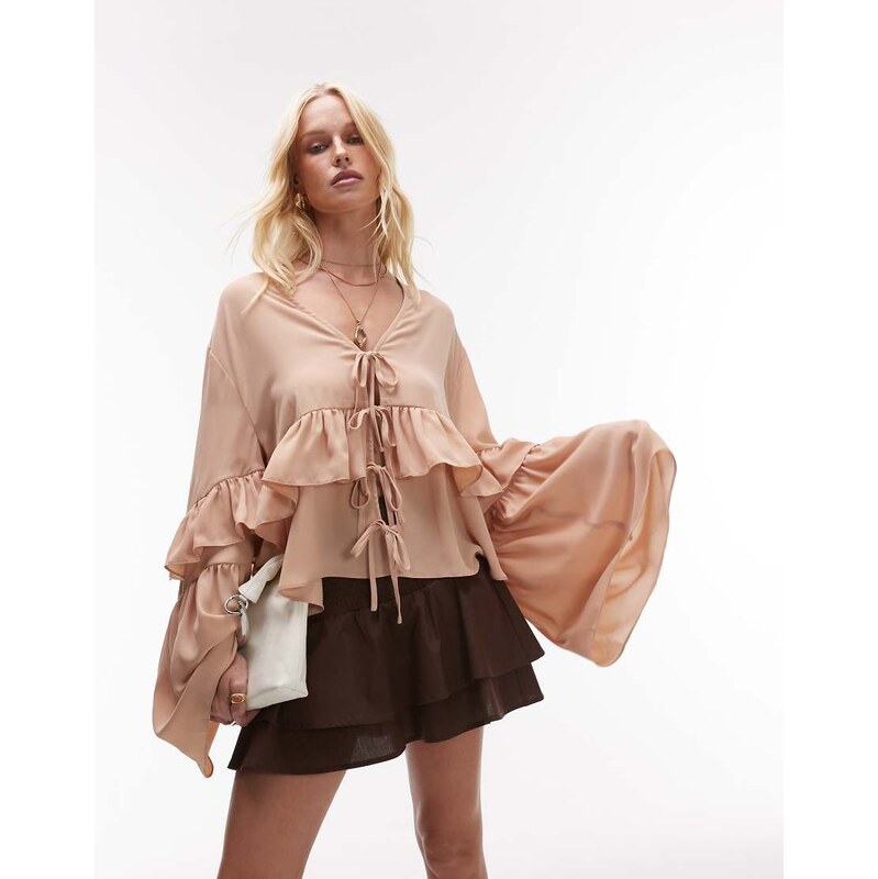 WeWoreWhat ruffle detail tie front blouse in almond-Neutral 107983222
