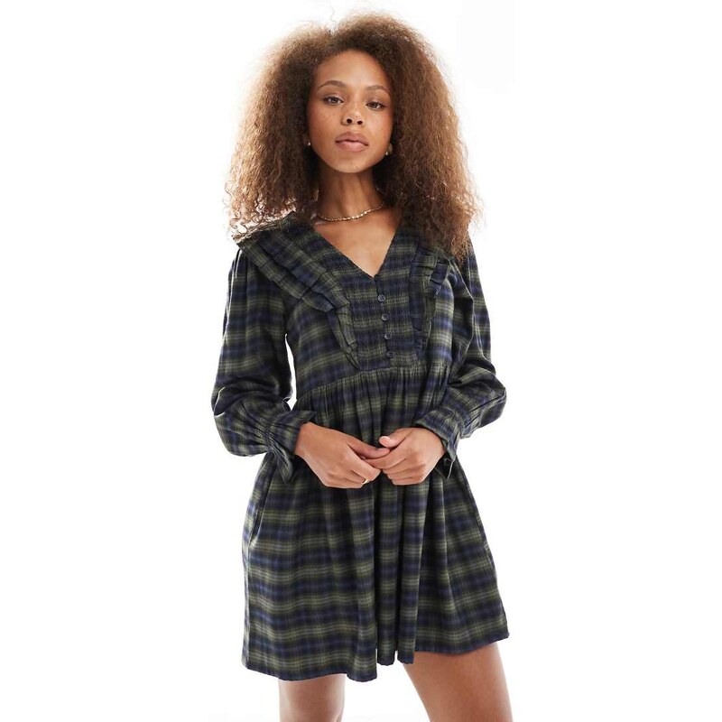 Wednesdays Girl ruffle detail check mini smock dress in green and navy 107861830