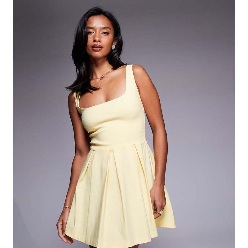 Vesper Petite bengaline square neck box pleat mini dress in yellow 114687904