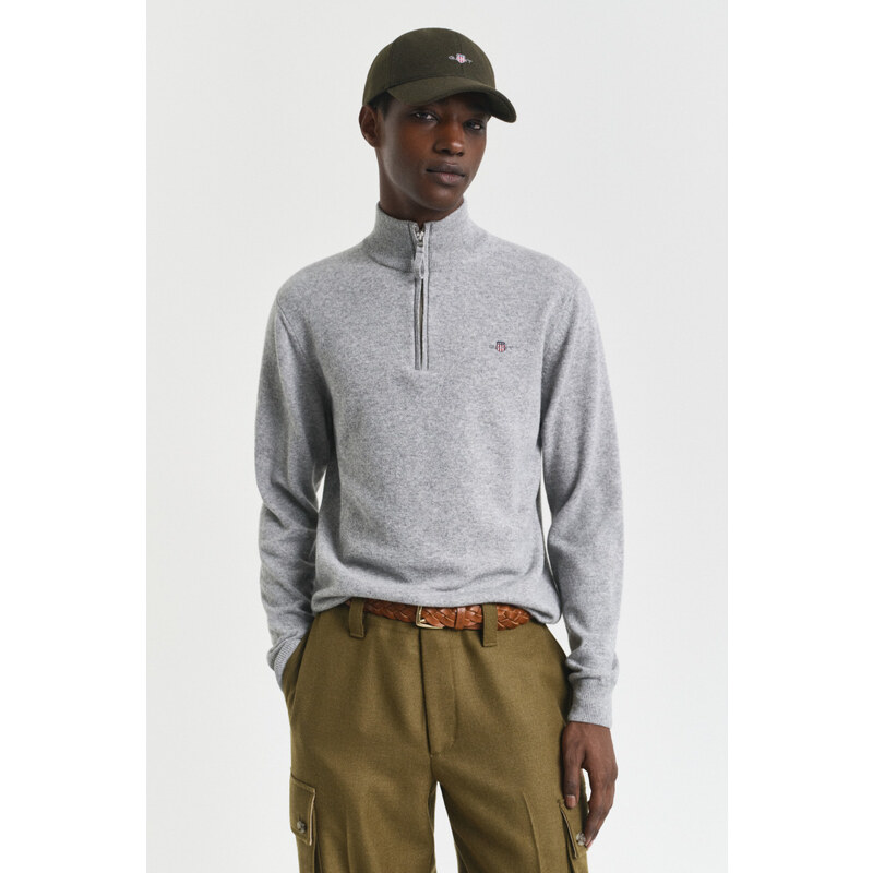 SVETR GANT SUPERFINE LAMBSWOOL HALF ZIP GREY MELANGE