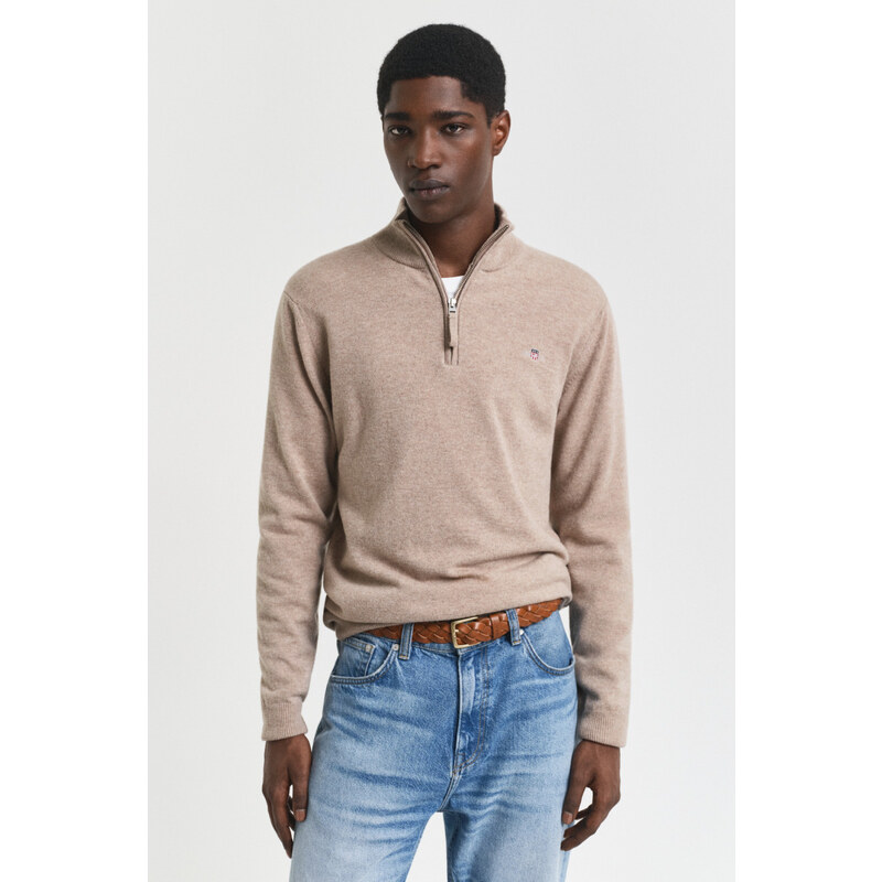 SVETR GANT SUPERFINE LAMBSWOOL HALF ZIP DK. SAND MELANGE