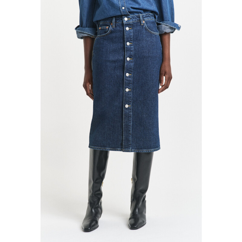 SUKNĚ GANT MIDI BUTTON FRONT DENIM SKIRT DARK BLUE WORN IN