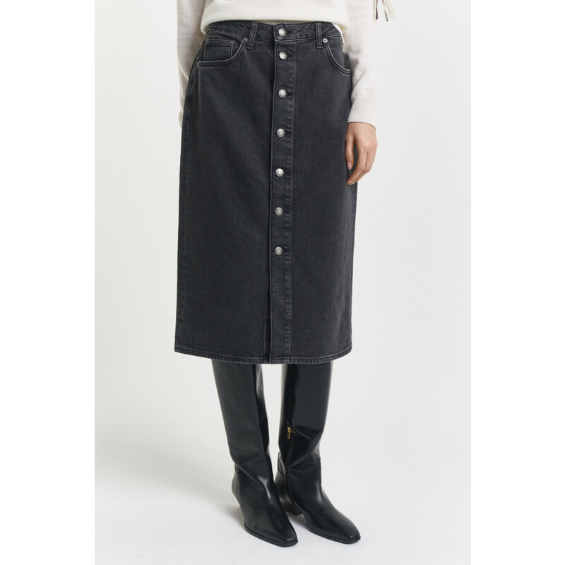 SUKNĚ GANT MIDI BUTTON FRONT DENIM SKIRT BLACK BROKEN IN