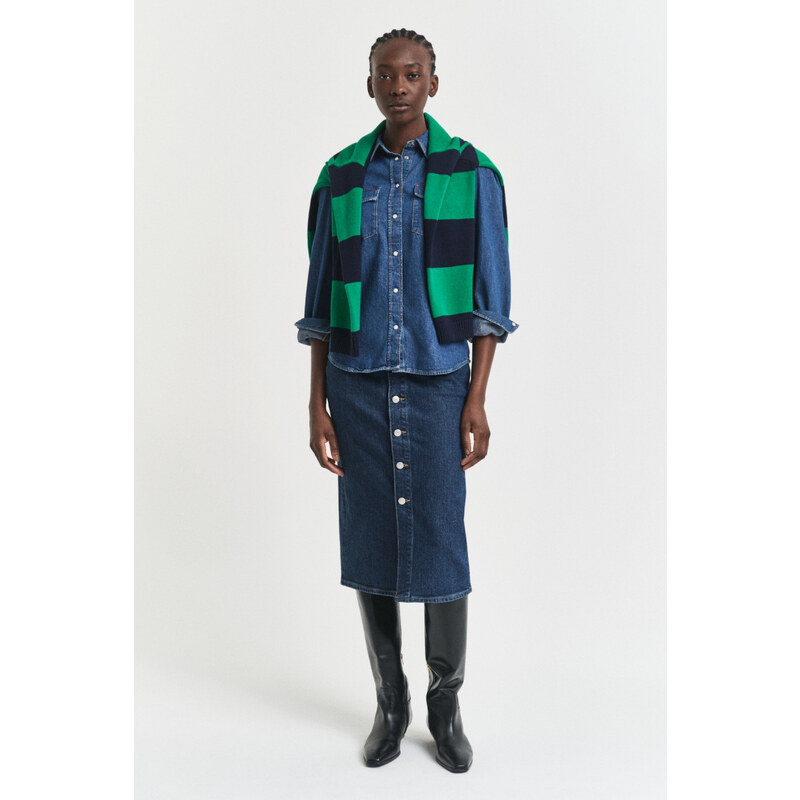 SUKNĚ GANT MIDI BUTTON FRONT DENIM SKIRT DARK BLUE WORN IN
