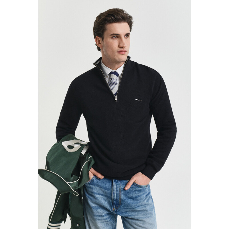SVETR GANT COTTON PIQUE HALF ZIP BLACK