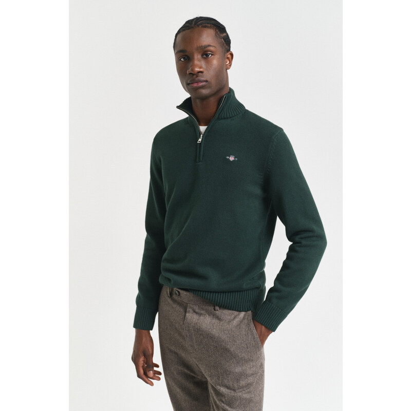 SVETR GANT CASUAL COTTON HALF ZIP TARTAN GREEN
