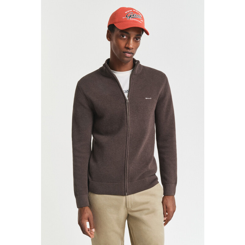 KARDIGÁN GANT COTTON PIQUE ZIP CARDIGAN BROWN MELANGE