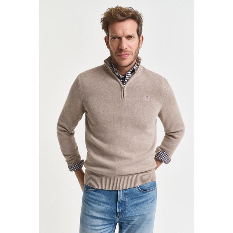 SVETR GANT CASUAL COTTON HALF ZIP DK. SAND MELANGE