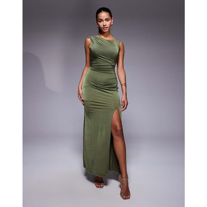 TFNC off shoulder midaxi dress with thigh split in olive-Green 115514689