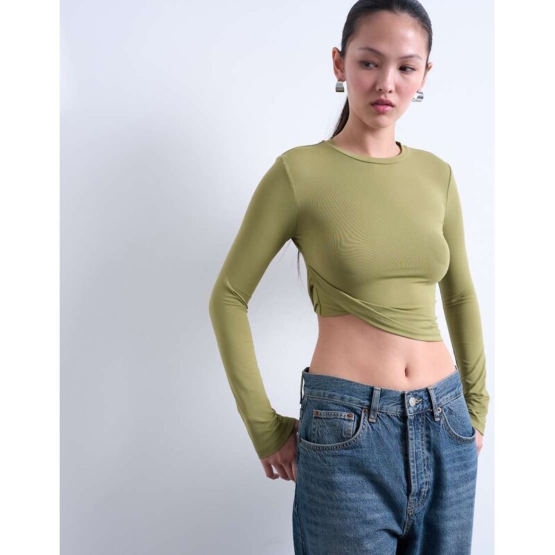 Topshop twist side long sleeve top in green 115746232