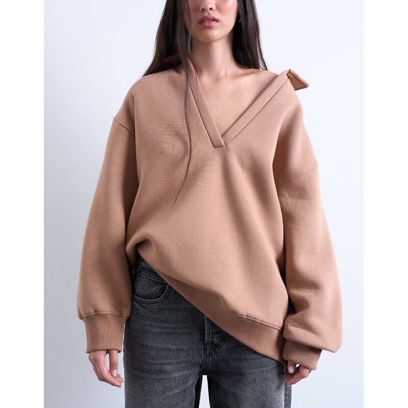 Topshop ultra long v-neck polo sweat in brown 107777537
