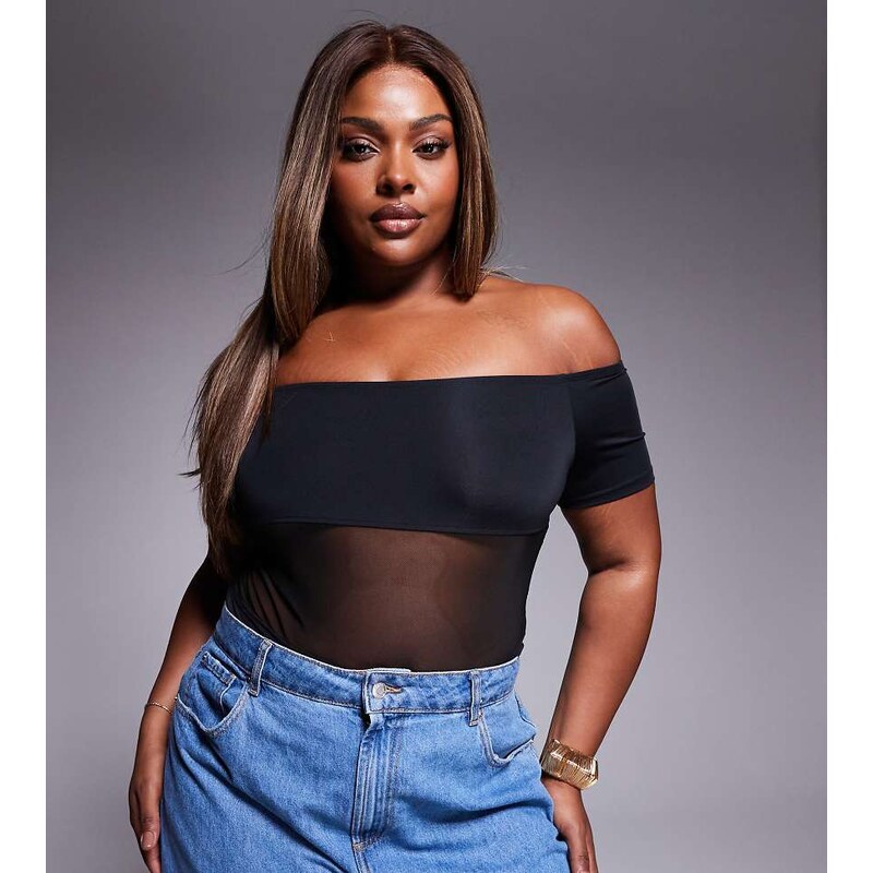 ASOS Curve ASOS DESIGN Curve bardot slinky mesh panel bodysuit in 108189946