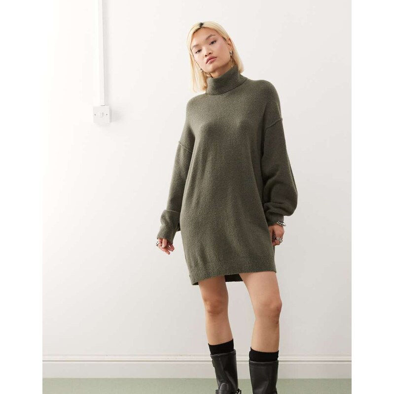 Weekday turtle neck knitted mini jumper dress in khaki melange