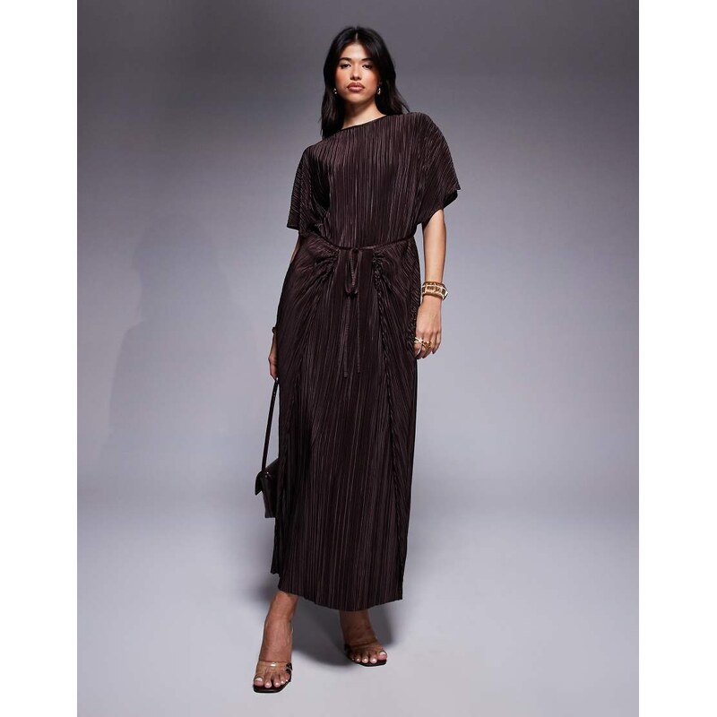 ASOS DESIGN plisse short sleeve wrap tie maxi dress in chocolate