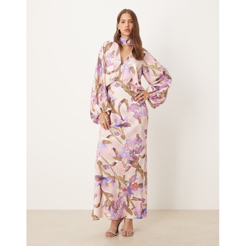 ASOS DESIGN high neck plunge maxi dress with blouson sleeves in