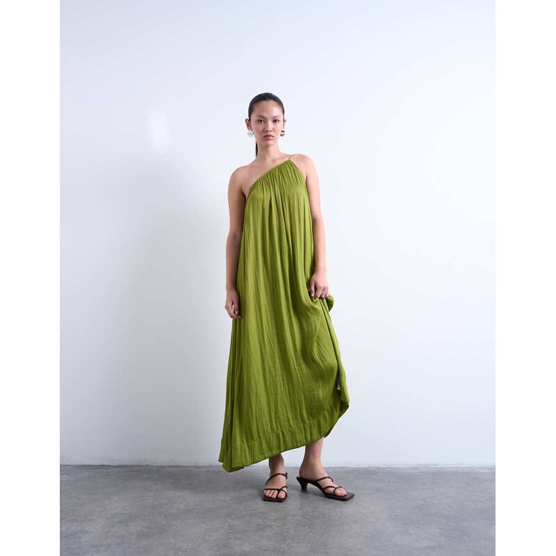 Topshop one shoulder chuck on liquid satin dress in green